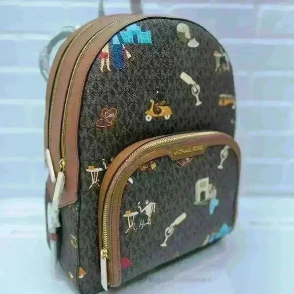 MICHAEL KORS BACKPACK JAYCEE LARGE ZIP JET SET GIRLS PRINT BROWN MULTI - Picture 3 of 11